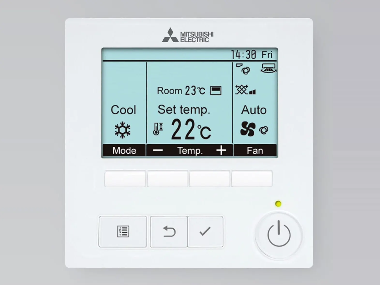 Wall-mounted air conditioning controller showing cool mode, room temperature 23°C and a set temperature of 22°C