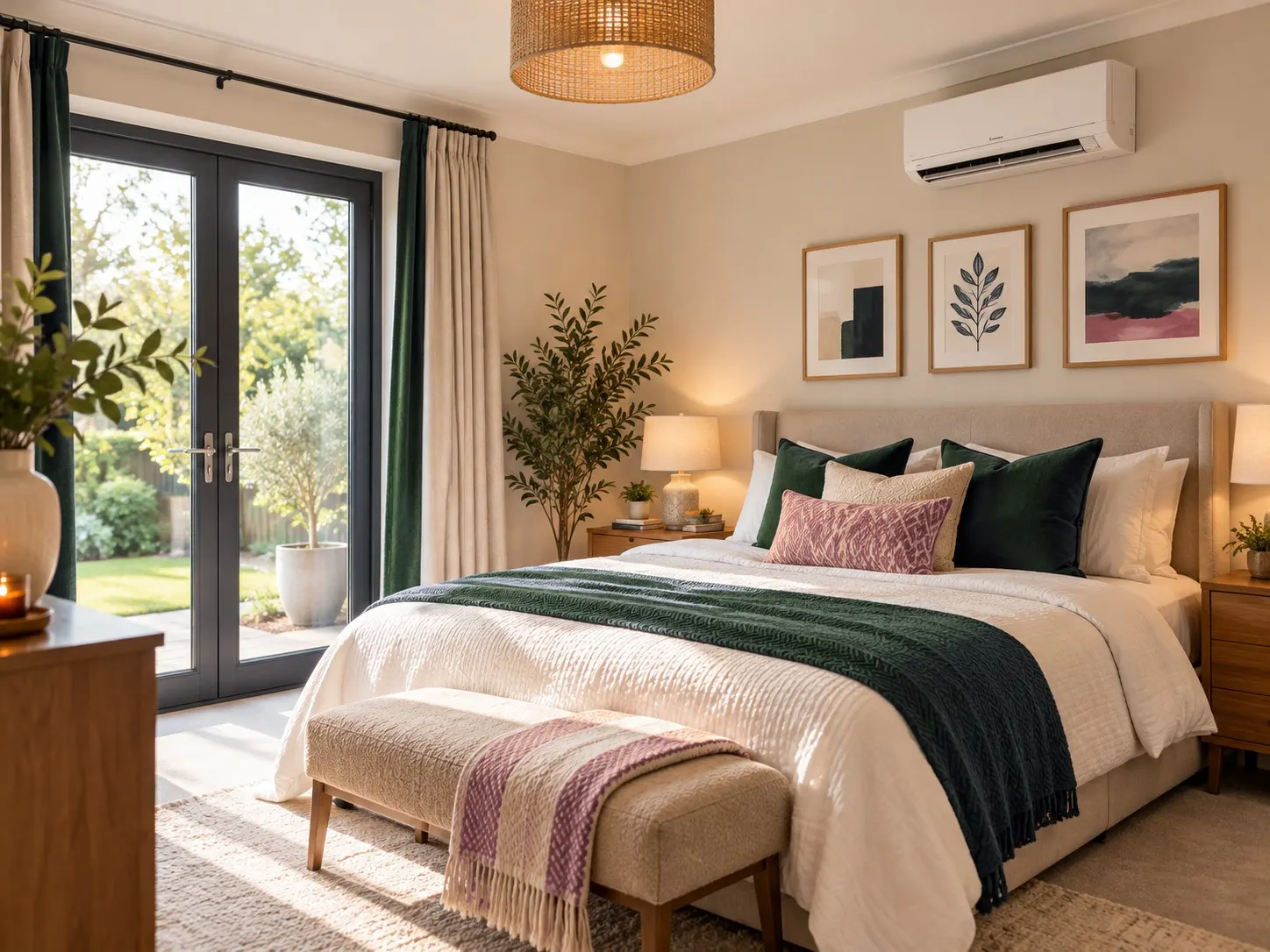 Bedroom with a wall-mounted air conditioning unit above the bed and doors to the garden