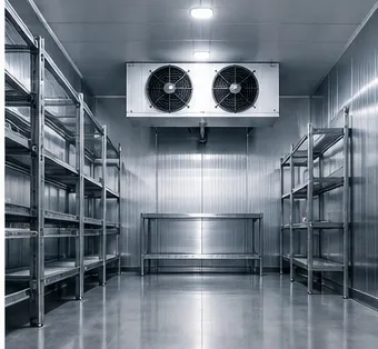 Clean cold room with stainless steel shelving and a ceiling-mounted evaporator unit
