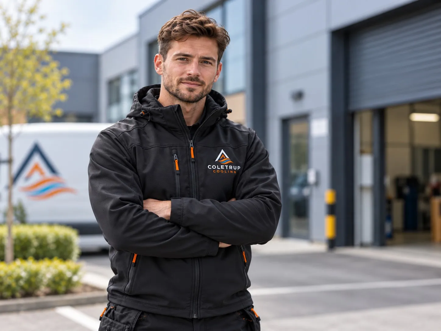Coletrup Cooling engineer standing outside a commercial unit beside the branded van
