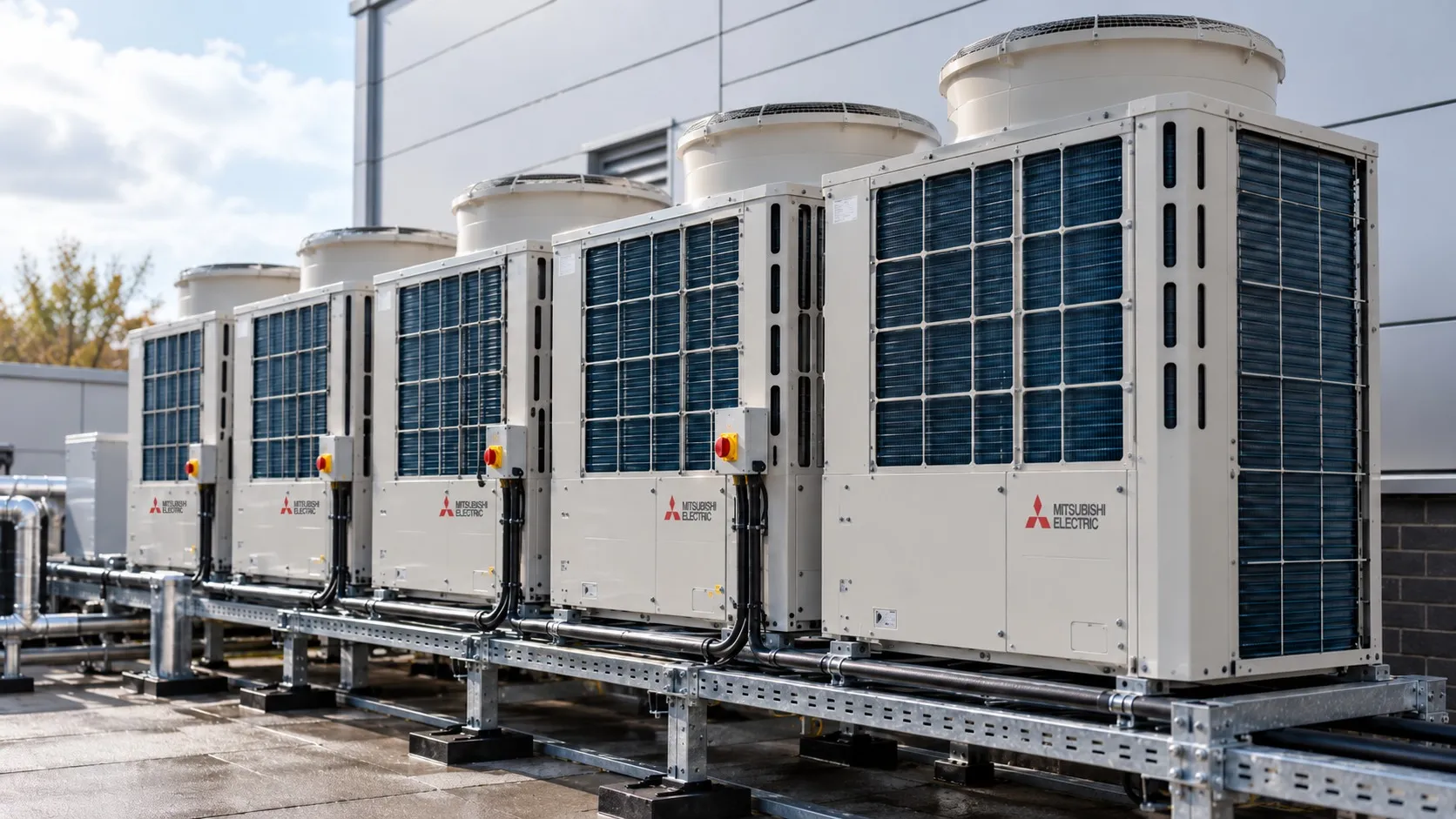 Row of commercial air conditioning outdoor units on a rooftop
