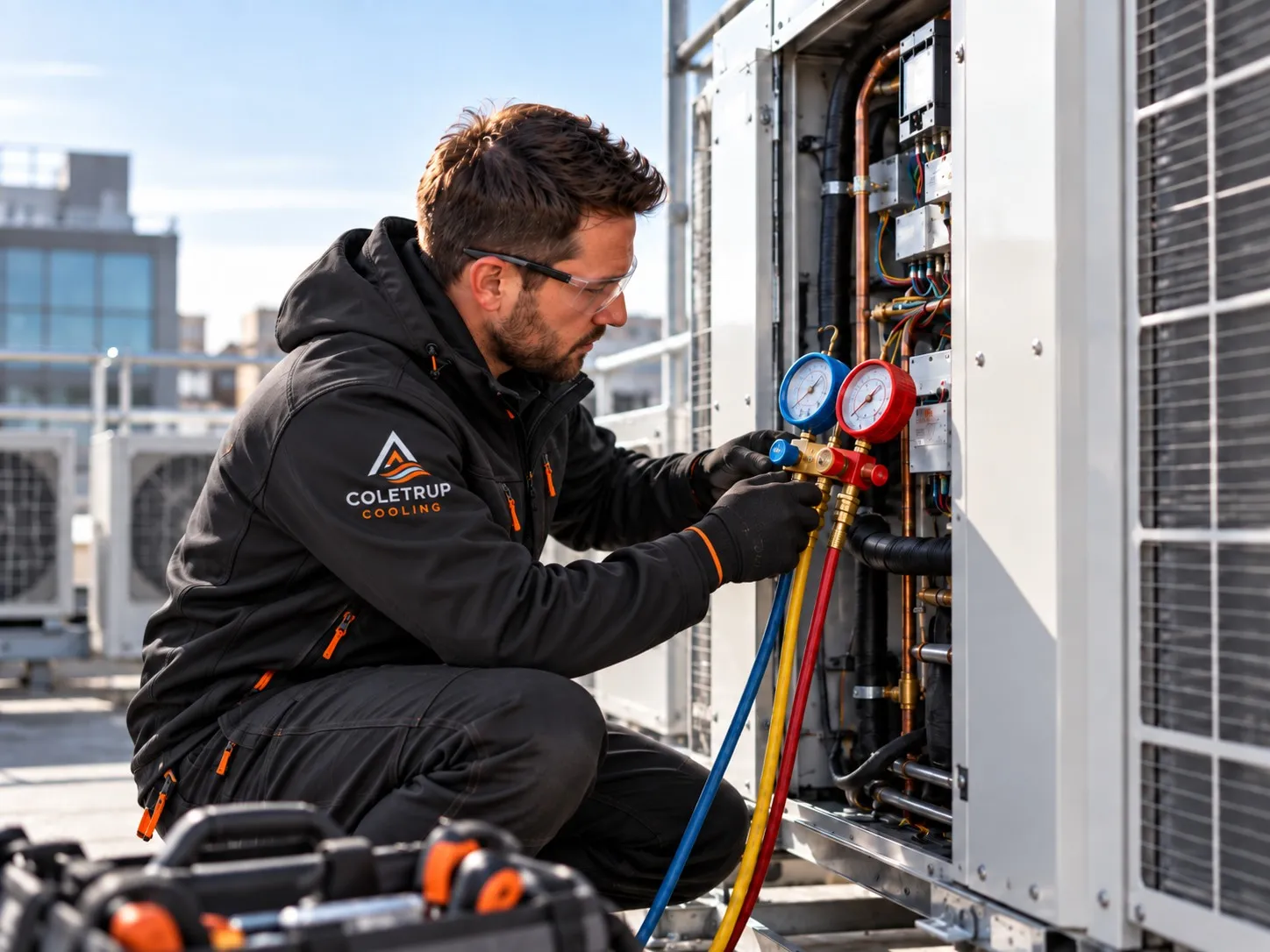 Coletrup Cooling engineer testing a commercial rooftop air conditioning unit with refrigerant gauges
