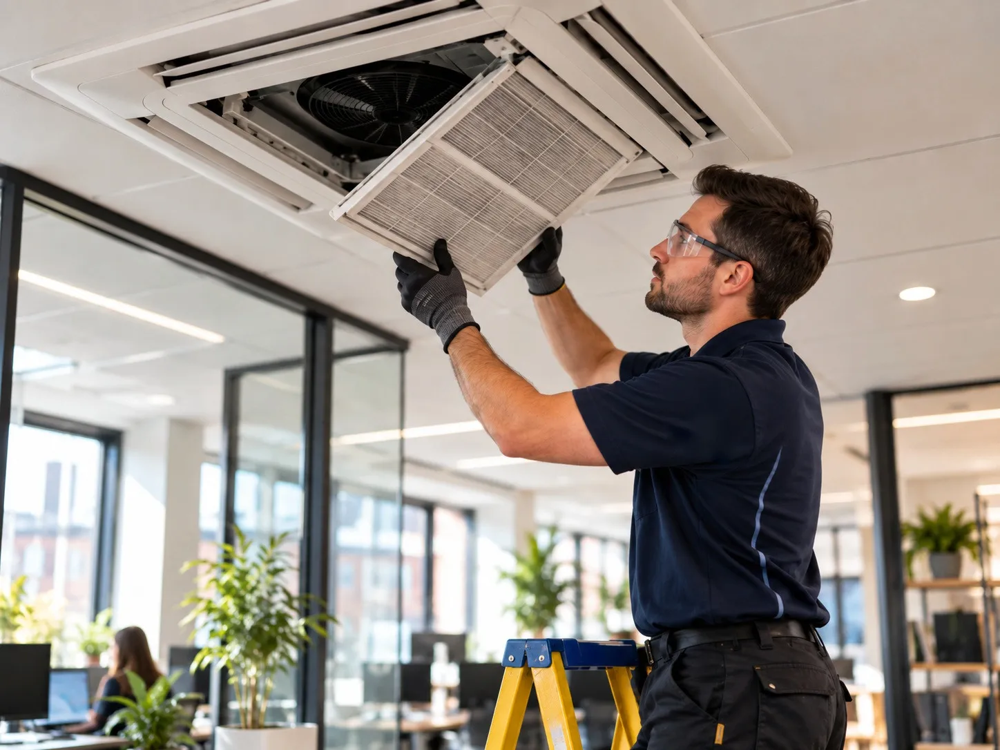 Engineer removing the filter from a ceiling cassette air conditioning unit in an office