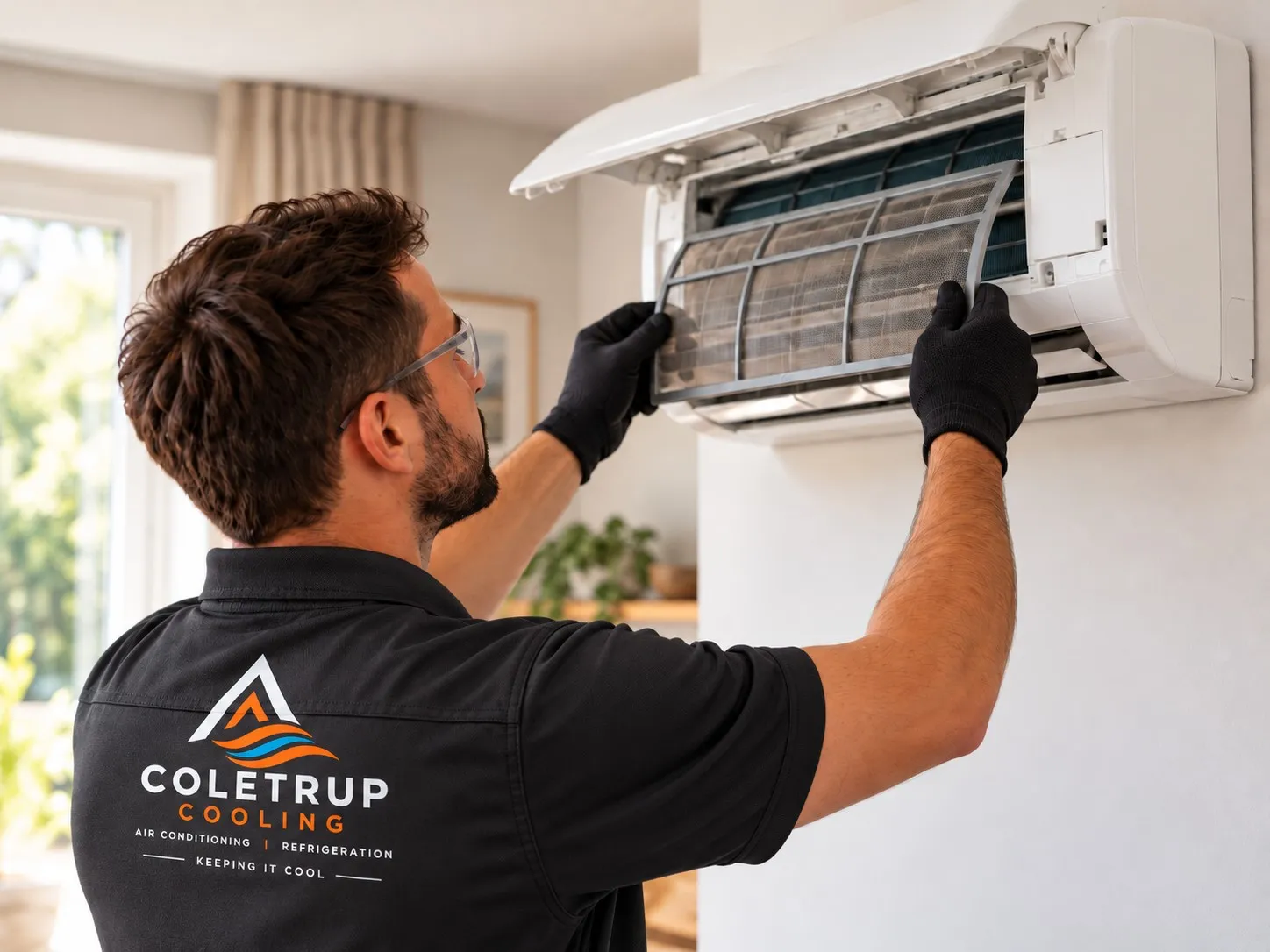 Coletrup Cooling engineer lifting the filter out of a wall-mounted air conditioning unit in a living room