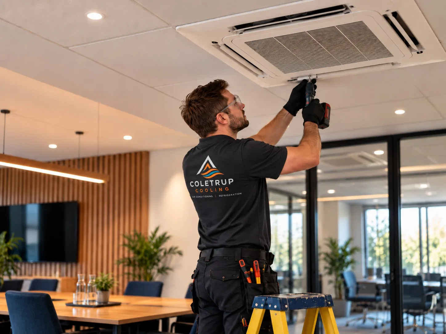 Coletrup Cooling engineer securing a ceiling cassette air conditioning unit in a meeting room