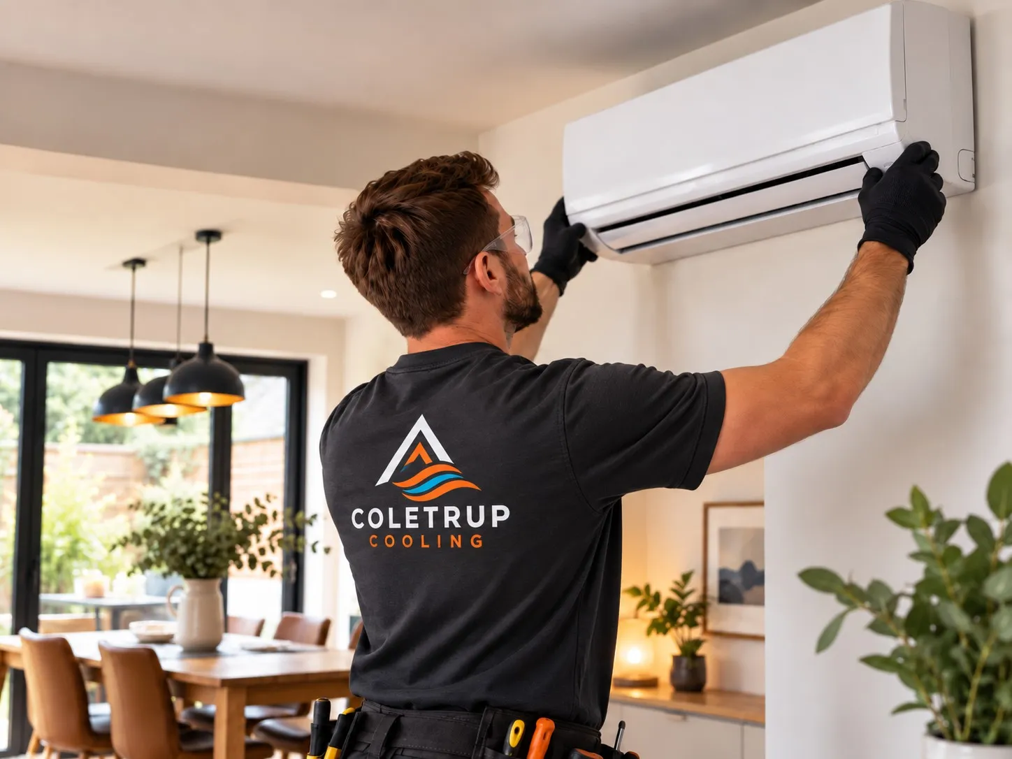 Coletrup Cooling engineer fitting a wall-mounted air conditioning unit in a kitchen diner