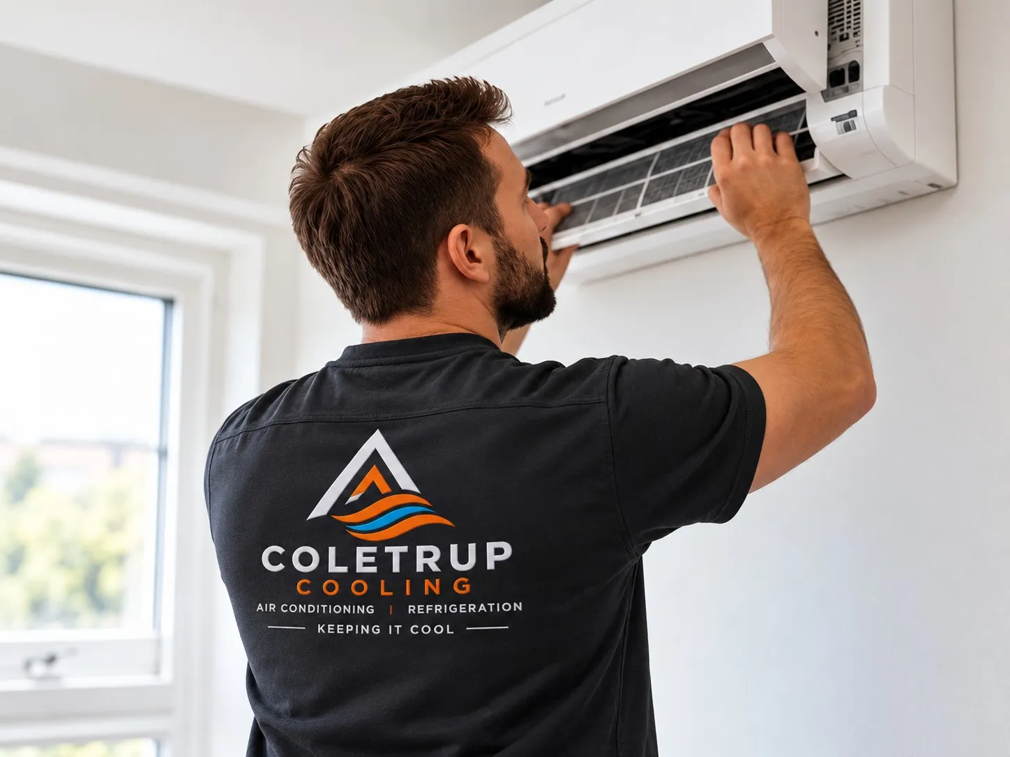 Coletrup Cooling engineer inspecting the filters of a wall-mounted air conditioning unit in a bright room