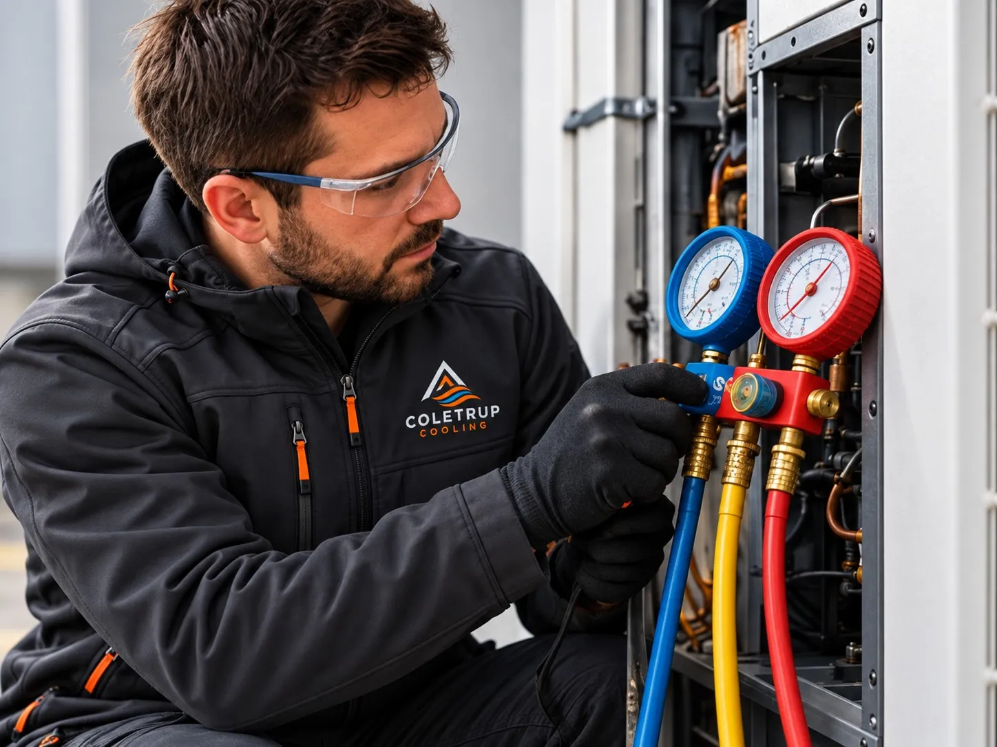 Coletrup Cooling engineer in safety glasses checking system pressures with manifold gauges