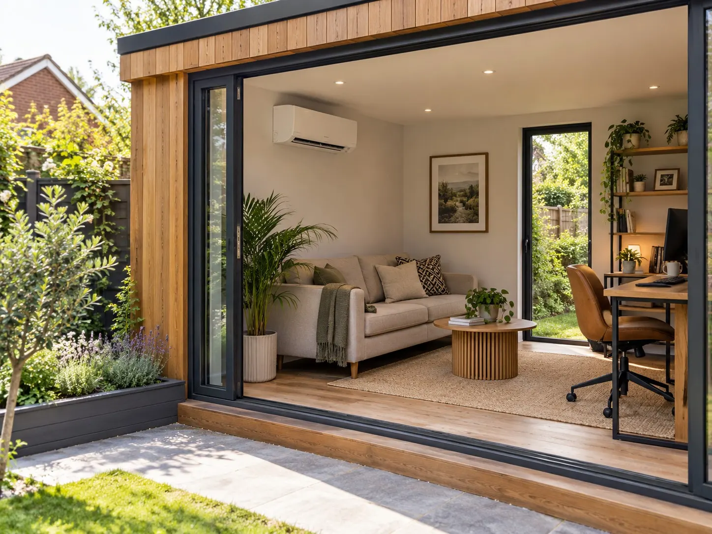 Garden room home office with sliding doors and a wall-mounted air conditioning unit
