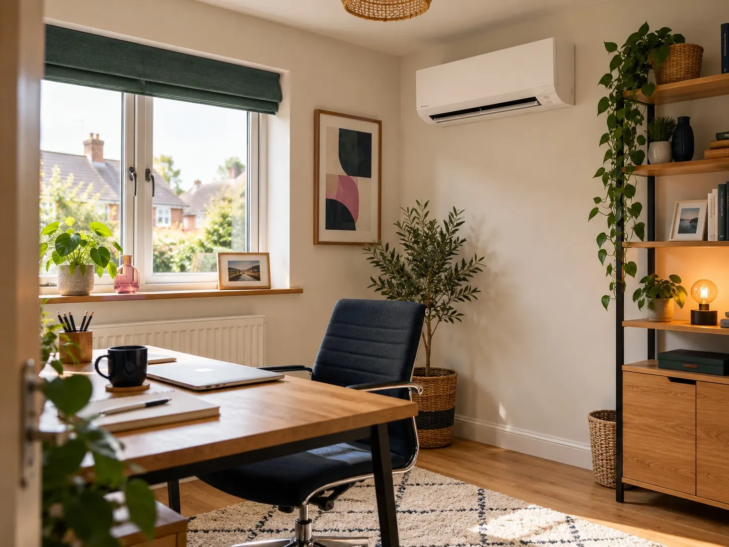 Home office with a wall-mounted air conditioning unit above the desk