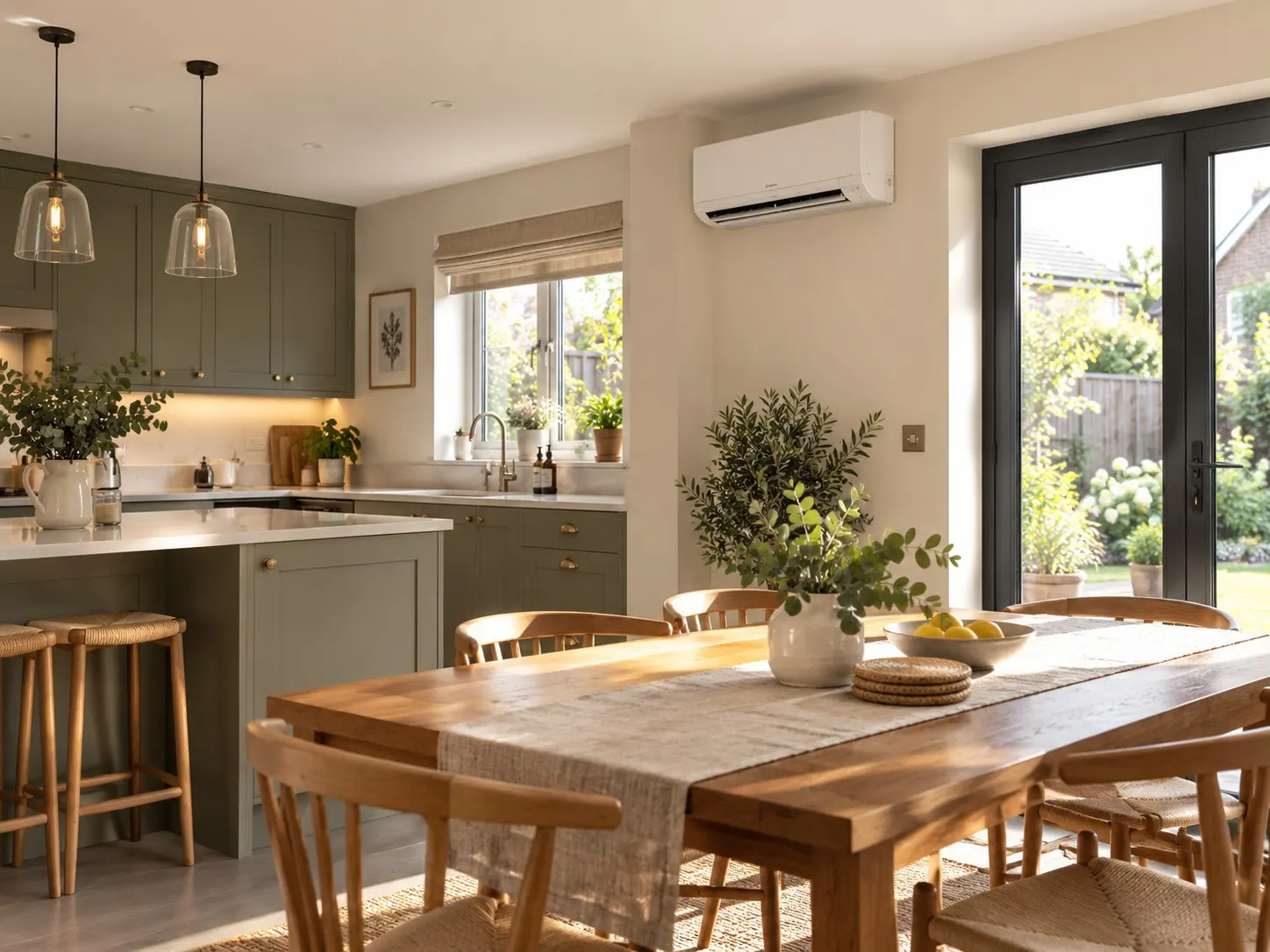Kitchen diner with a wall-mounted air conditioning unit beside doors to the garden