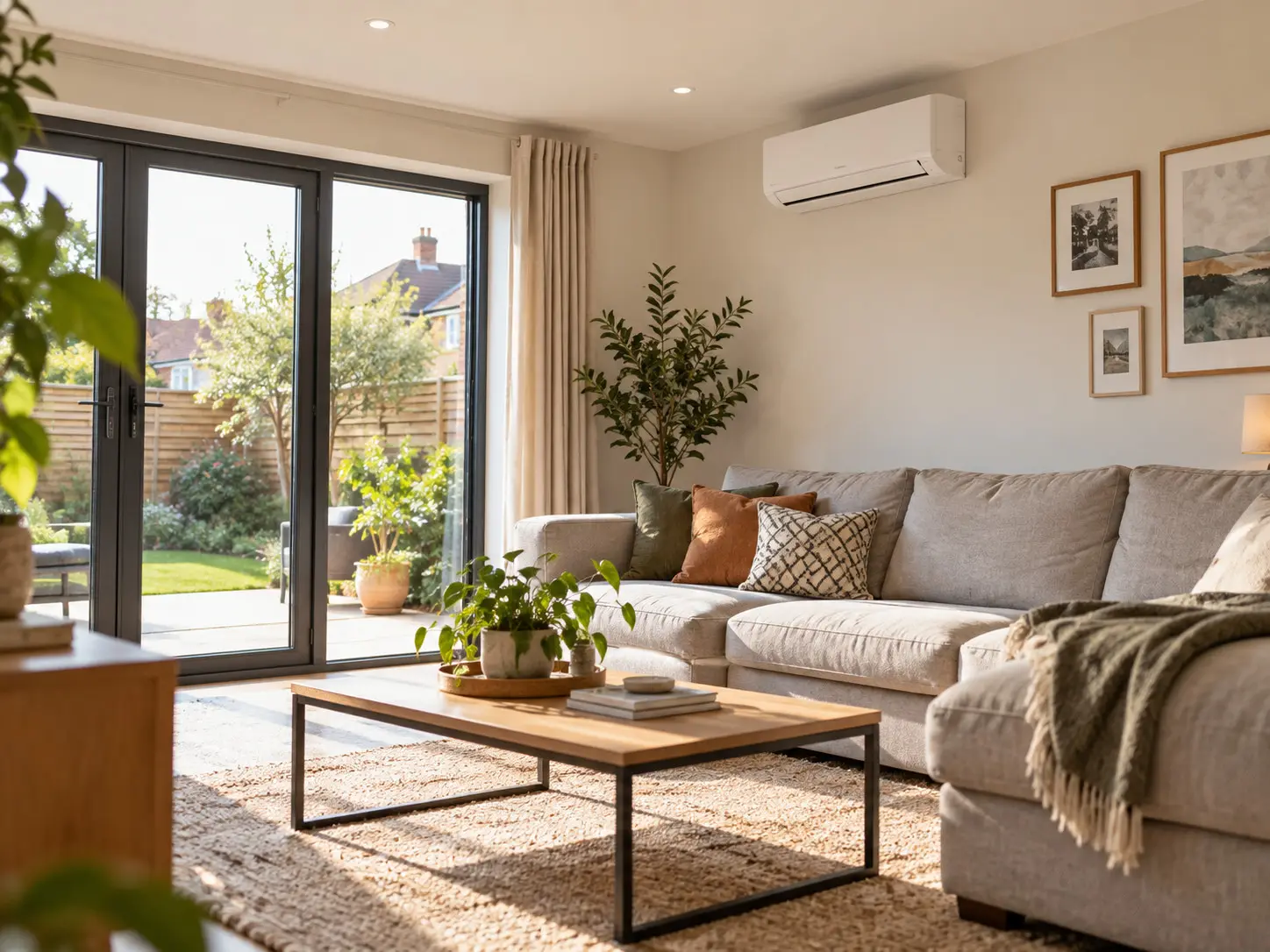 Living room with bifold doors to the garden and a wall-mounted air conditioning unit above the sofa