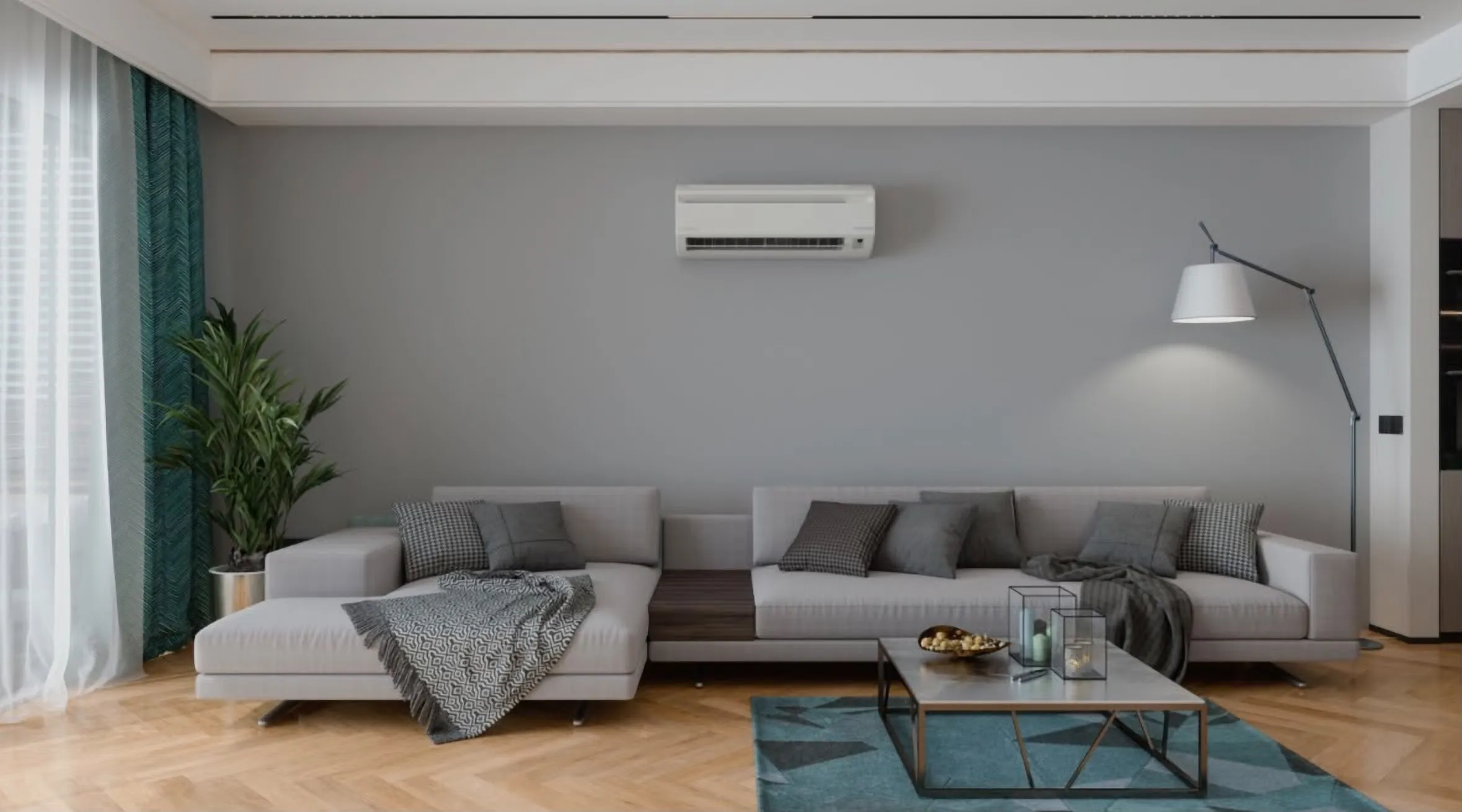 Living room with a wall-mounted air conditioning unit above a corner sofa