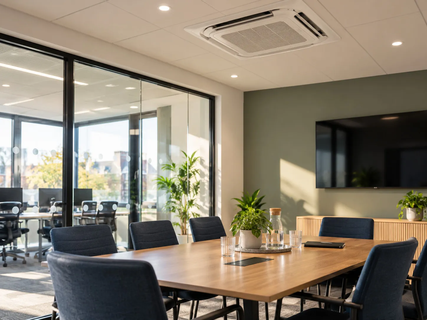 Office meeting room with a ceiling cassette air conditioning unit
