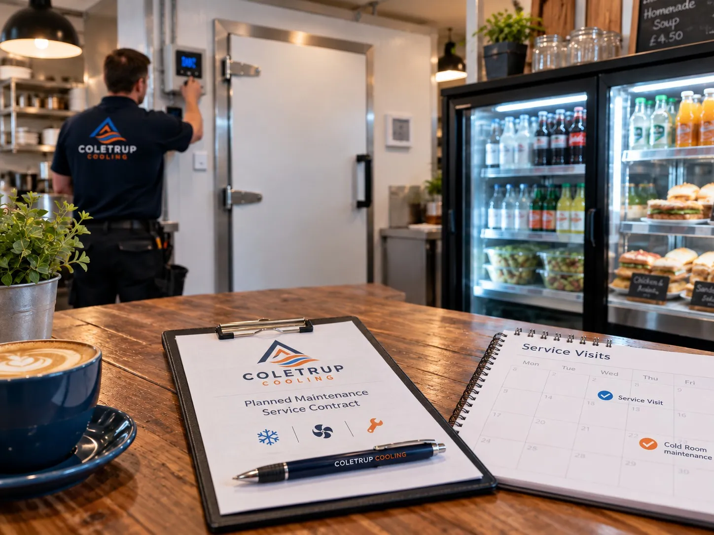 Coletrup Cooling planned maintenance service contract on a clipboard beside a service visit calendar, with an engineer checking a cold room controller in the background