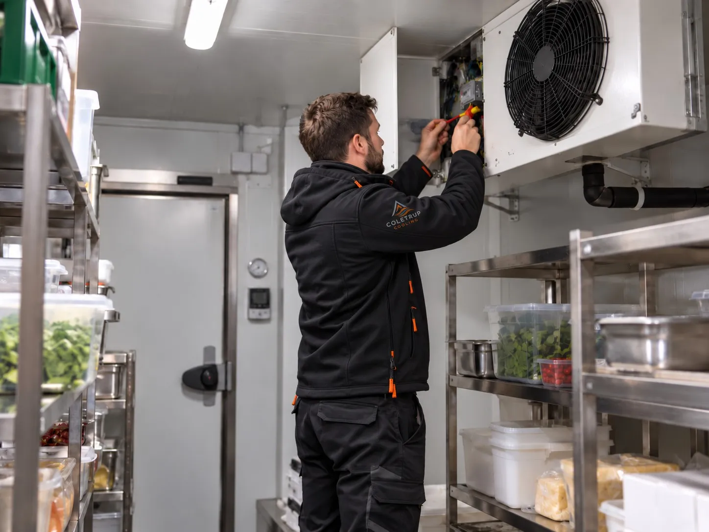 Coletrup Cooling engineer repairing the evaporator unit inside a commercial cold room