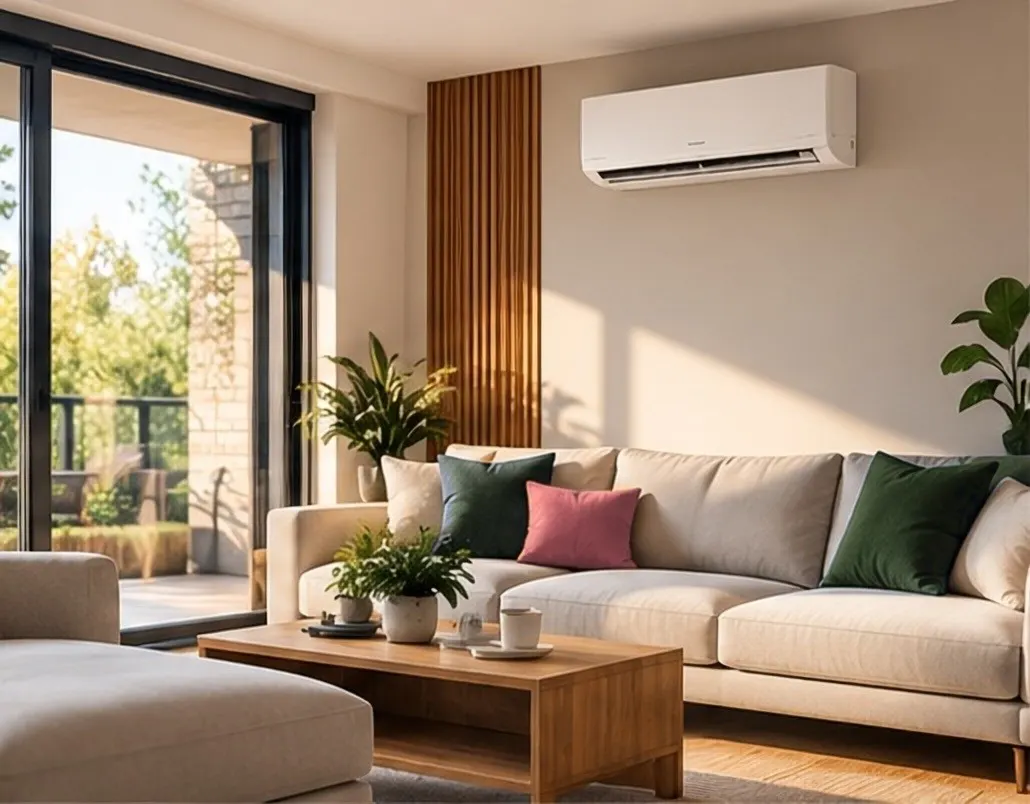 Modern living room with a white wall-mounted air conditioning unit above a cream sofa and patio doors