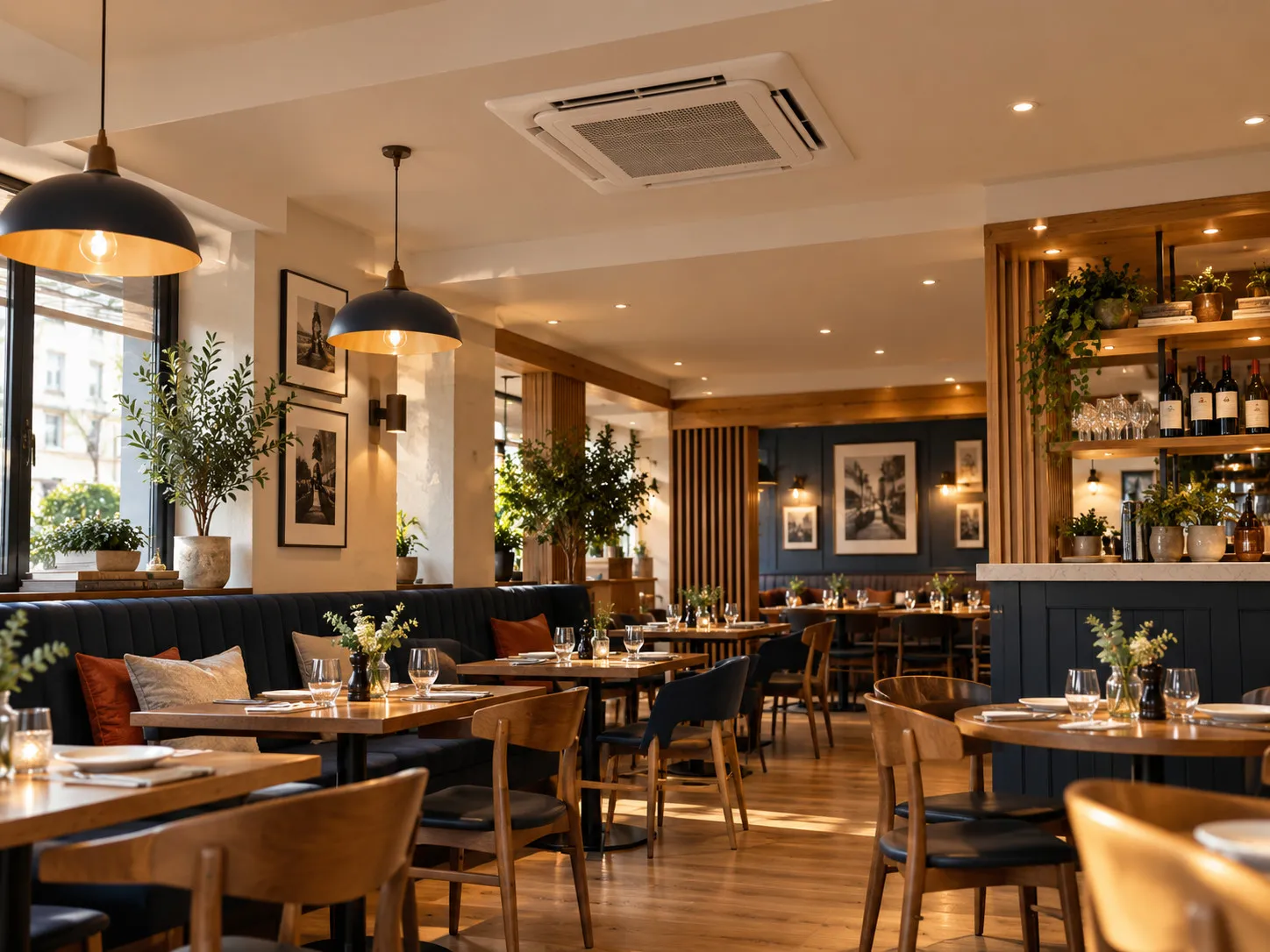 Restaurant dining room with a ceiling cassette air conditioning unit