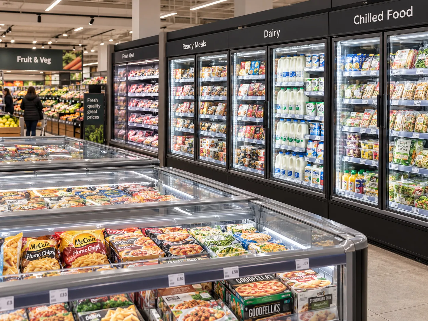 Supermarket aisle of chilled and frozen food display cabinets